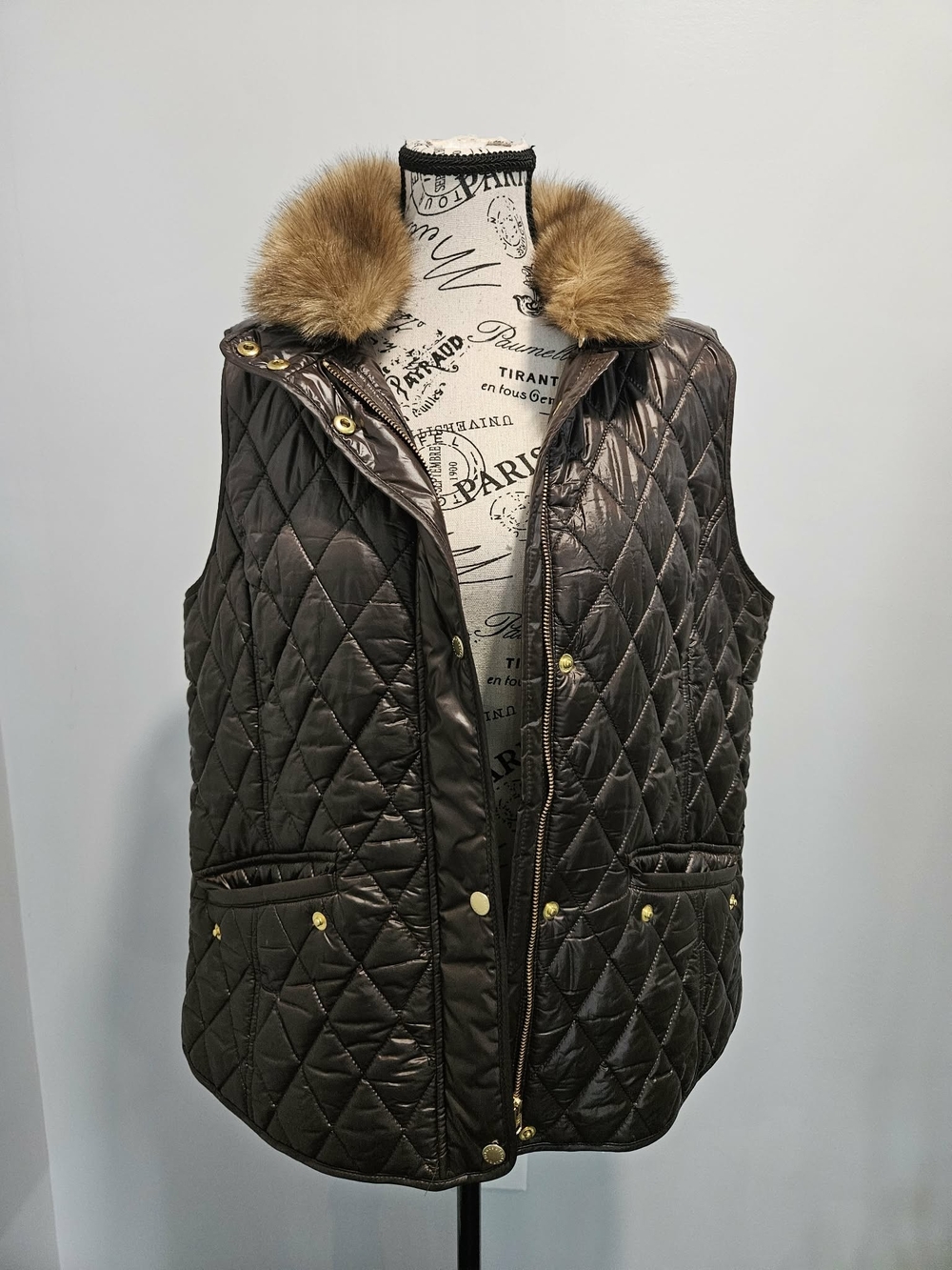 Talbots Quilted Brown Vest with Fur-Trim Collar
